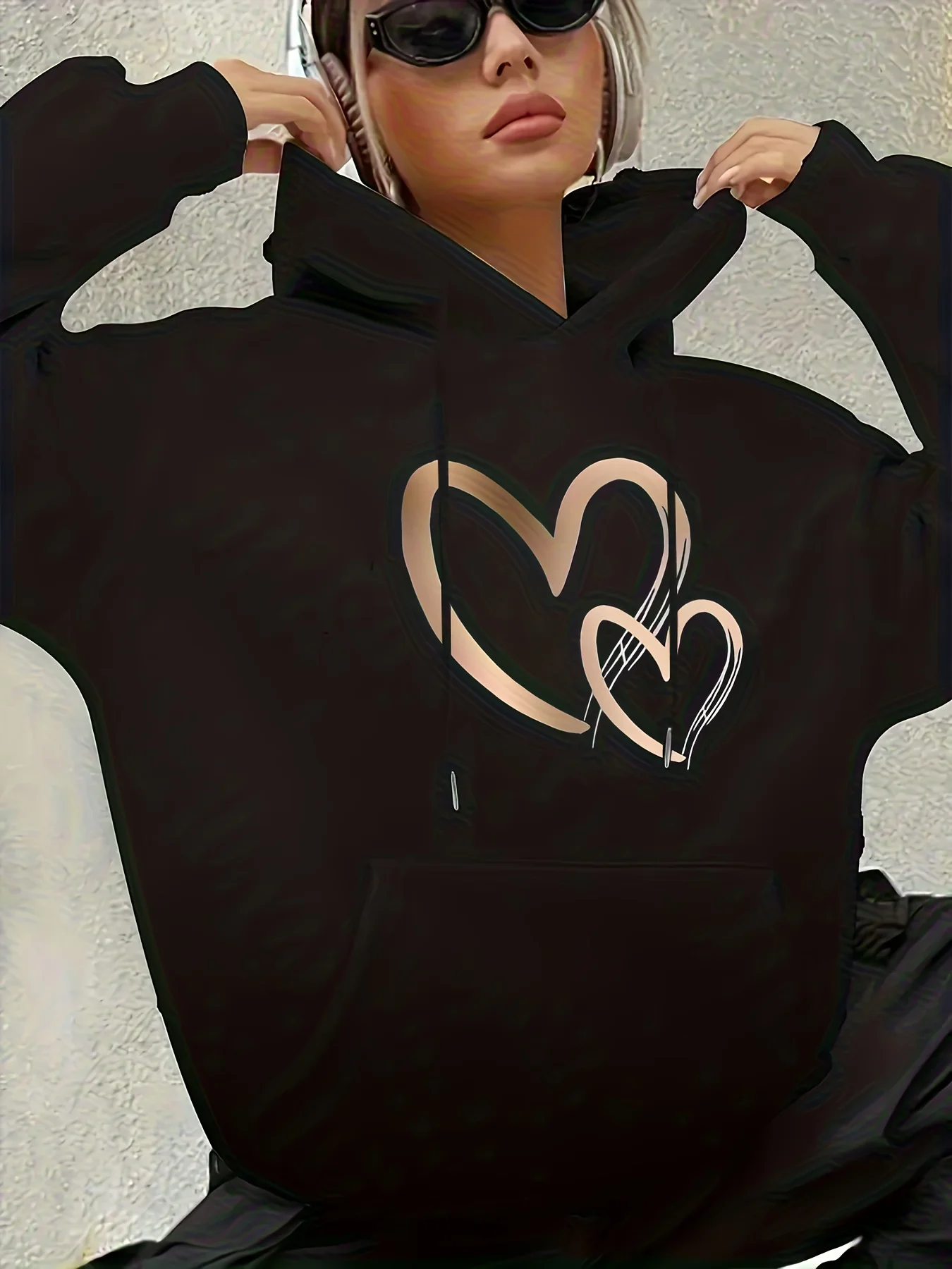 Women's Fashion Hoodies with Two Connected Golden Heart Designs Print Casual Vintage Sweatshirt Pullovers Clothes Outfit Daily