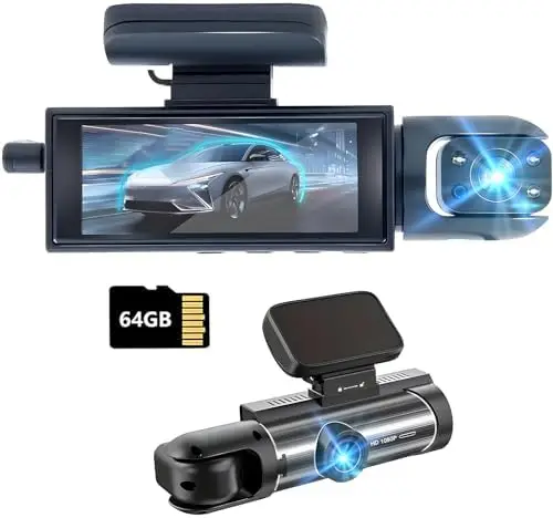 

Dash Cam Front & Interior with 64GB Card, IR Night Vision, Loop Recording, G-Sensor, 24H Parking Mode