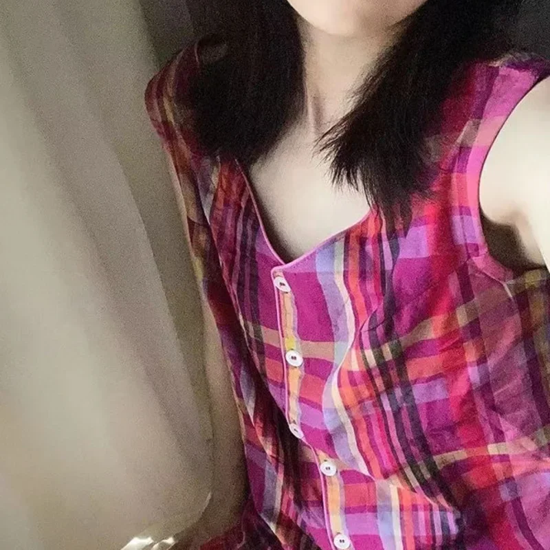 여름 숙녀 잠옷 세트 Ins 컬러 차단 격자 무늬 조끼 잠옷 여성 여름 모델 새로운 민소매 레저 홈 반바지