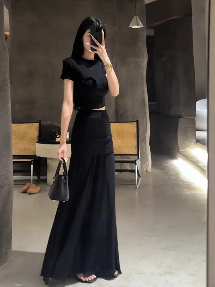 

Black High Waist Skirt Short Sleeve Set Bodycon Summer New Arrival Women's Fashion Ensemble round Neckline Other 100%