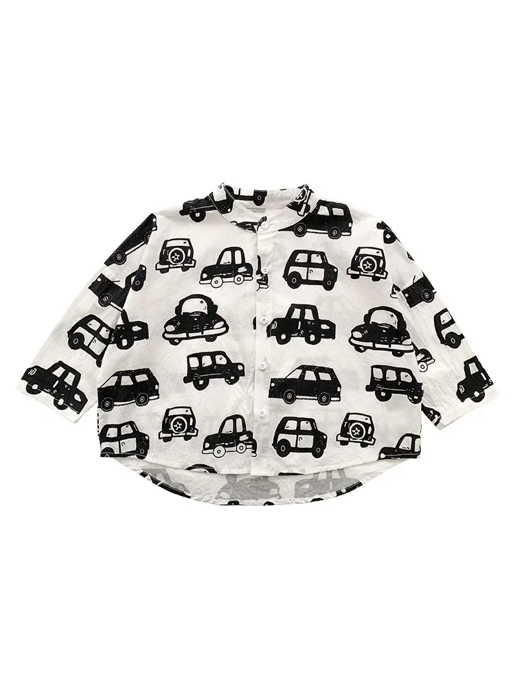 Children\'s Cotton Small Class Cartoon Shirt 2024Spring New Top Children Korean Style Car Printed Shirt Fashion