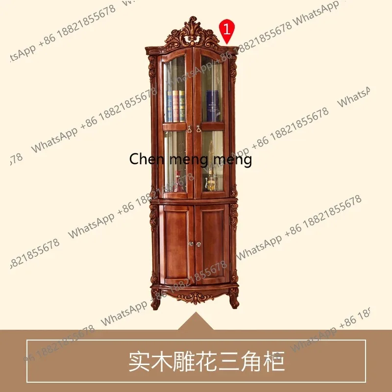 Gabinete decorativo tallado de doble puerta de madera maciza de lujo ligero americano A48, vitrina de almacenamiento de vidrio para sala de estar