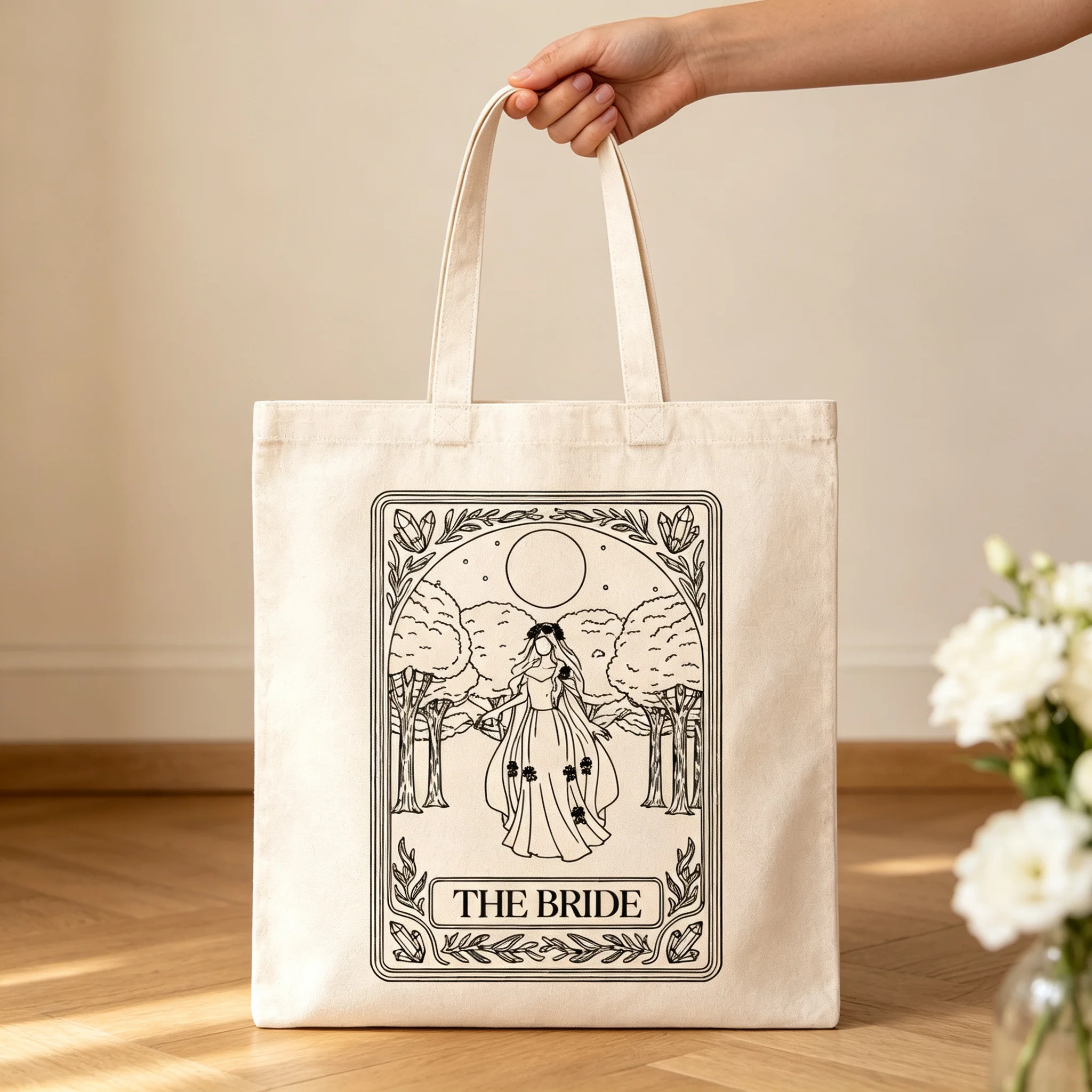 The Bride Tarot Card Canvas Tote Bag Bridal Shower Gift Vintage Line‑art Witchy Wedding Reusable Cotton Shoulder Handbag