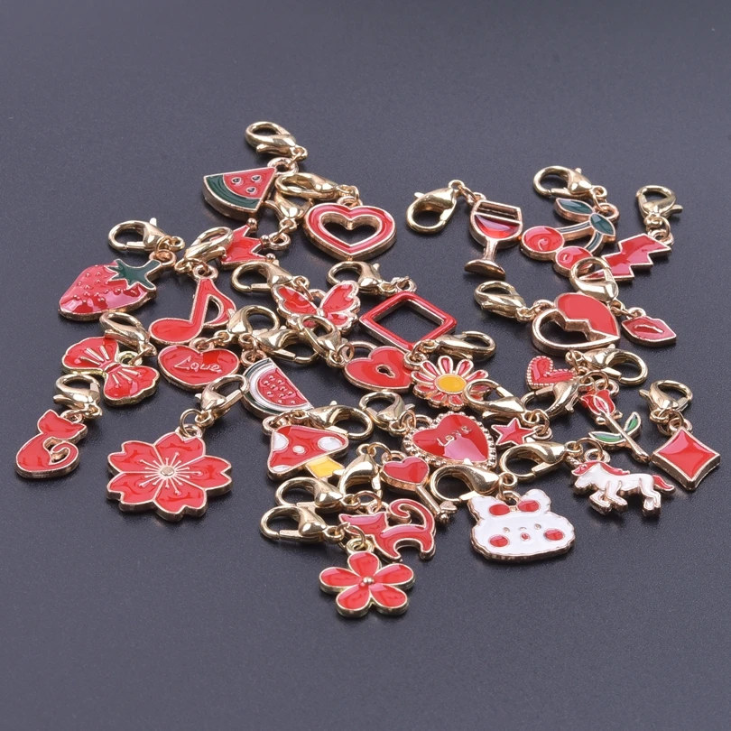 Random Charms With Lobster Clasps Fruit Animal Flower Enamel Charm Pendants For Jewelry Making Supplies Fit Keychain Backpack