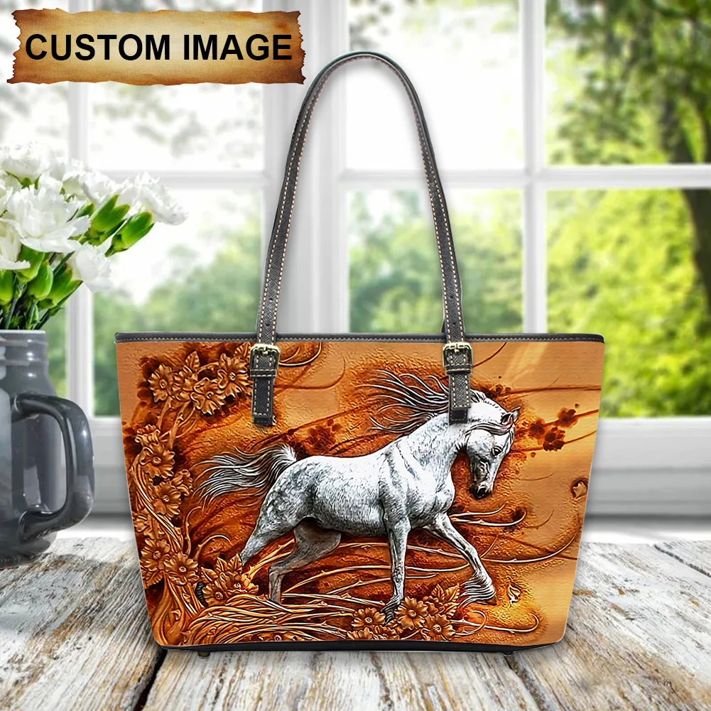 Oil Painting Running Horse Print Women Handbags PU Leather Totes New Fashion High Quality Tote Shoulder Bag Painted Design сумка