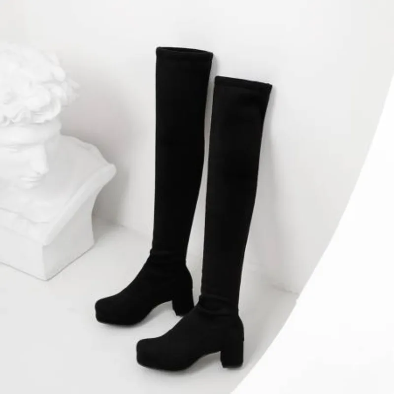 

Oversized Stretch PU Thick Heel Platform Over-The-Knee Boots Thick Heel Flock Flock Synthetic Short Plush Elastic Sleeve Shoes