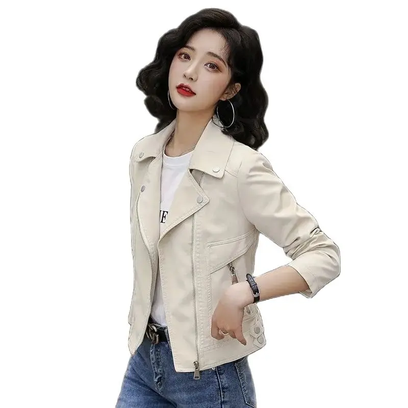 

Fashion Short Women Locomotive Leather Coat New 2023 Spring Autumn Jacket Korean Version Casual Motorcycle OuterwearTops Female