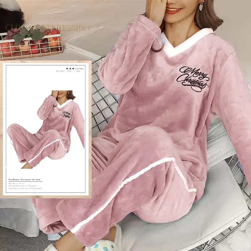 Conjuntos de Pijamas de franela para Mujer, estampado a cuadros de terciopelo con ropa de dormir, Kawaii, para el hogar, Otoño e Invierno