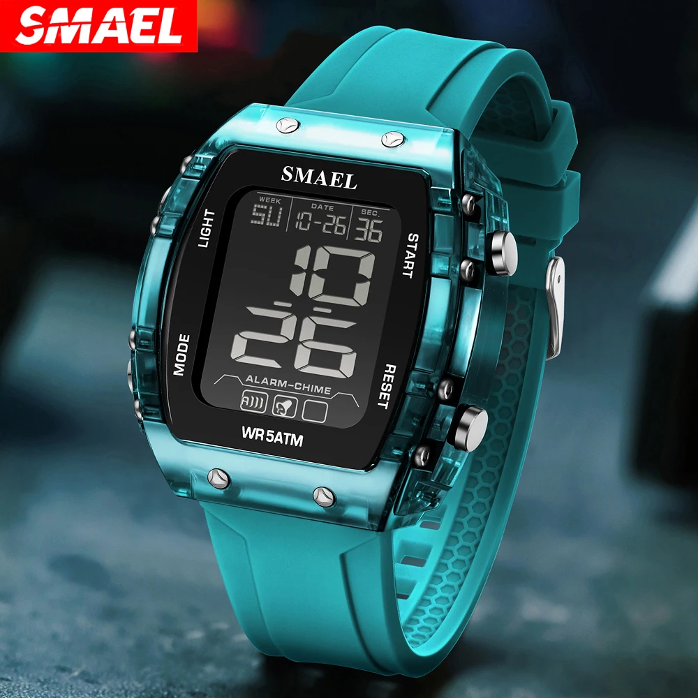 SMAEL Outdoor Sports Watches Fashion Leisure Men Watches 5ATM Waterproof Rectangle 8108 LCD Display Digital Student Wristwatches