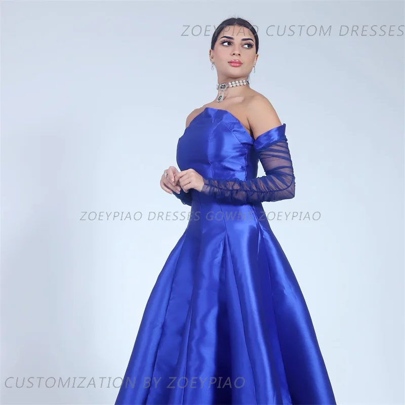 Vestido de graduación sin tirantes de línea A Azul Real, vestido de fiesta de manga completa con manchas, vestidos de celebridades, vestido de