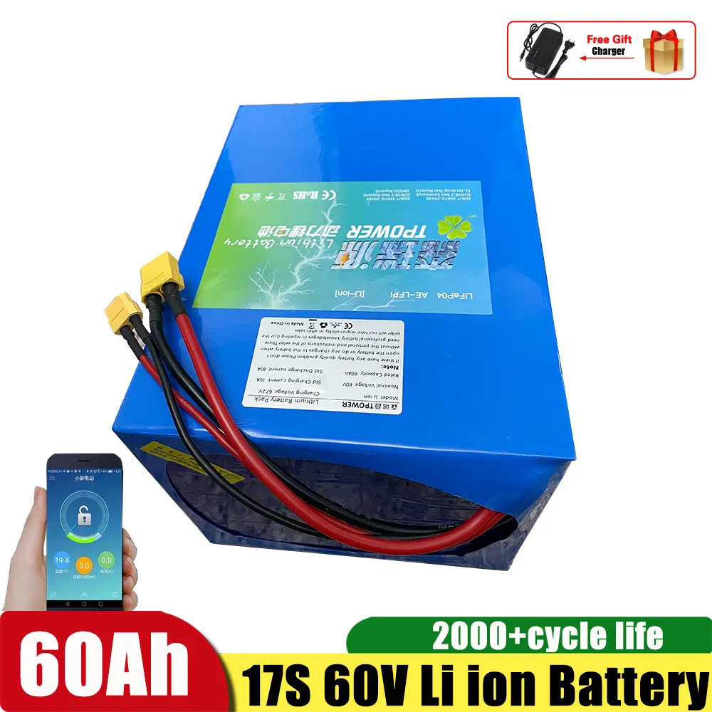 17S 60V 60Ah batería de iones de litio con BMS Bluetooth para 2500W 3000W triciclo eléctrico Scooter motocicleta + cargador 10A