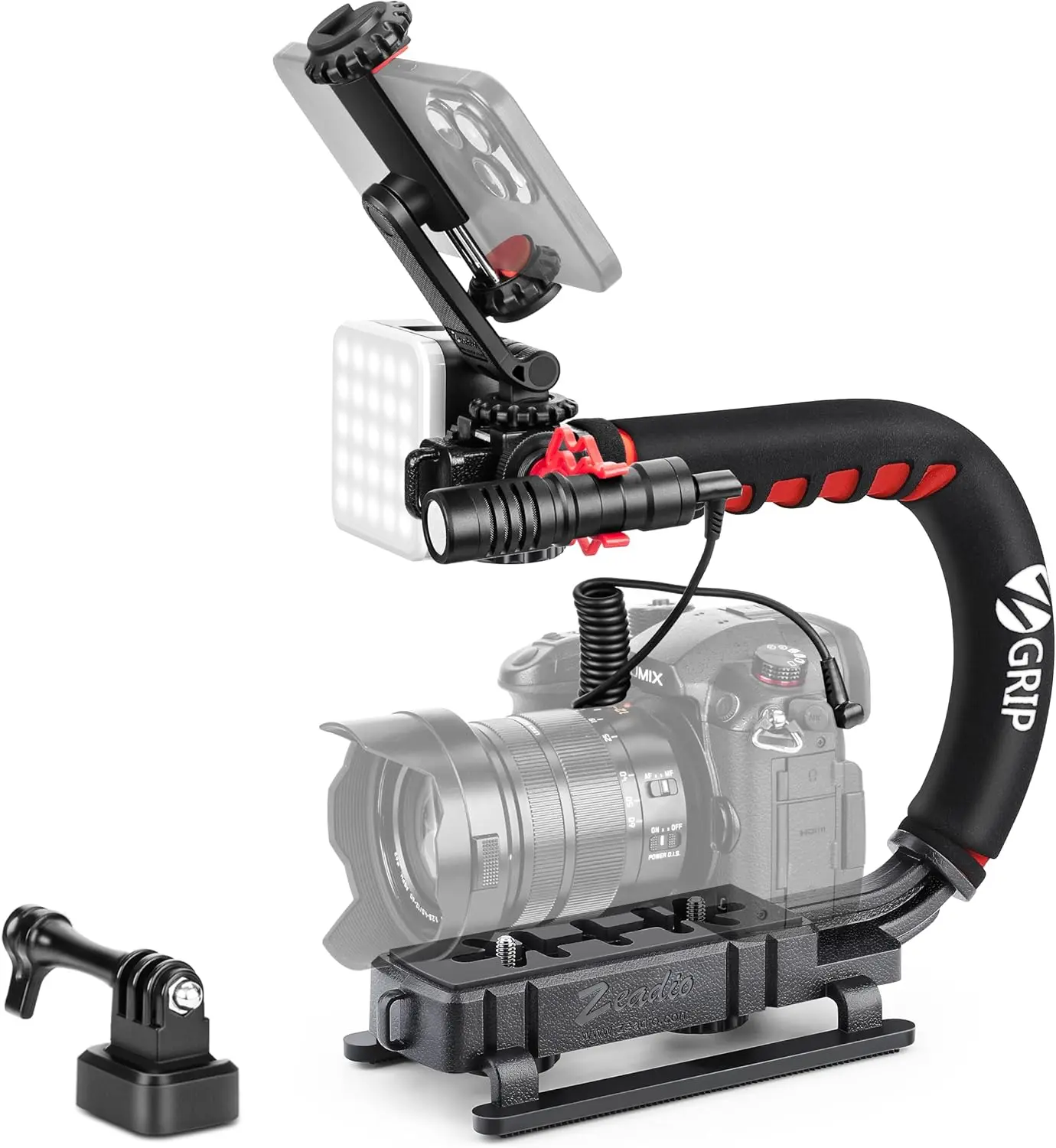 

All-in-One Camera Stabilizer Kit with LED Light, Microphone, Phone Holder & Action Adapter for DSLR, Smartphones