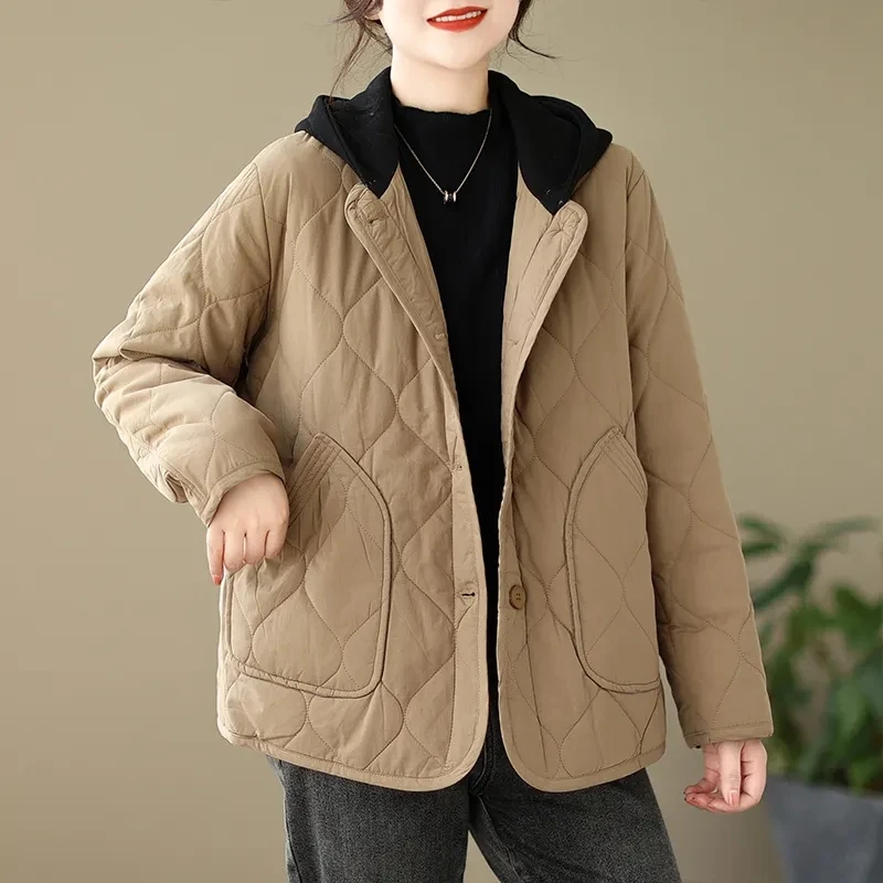 Loose Short Khaki Cotton Coat For Women 2024 New Autumn Winter Jacket   Popular Thin Hooded Casual Warm Outerwear Female Tops