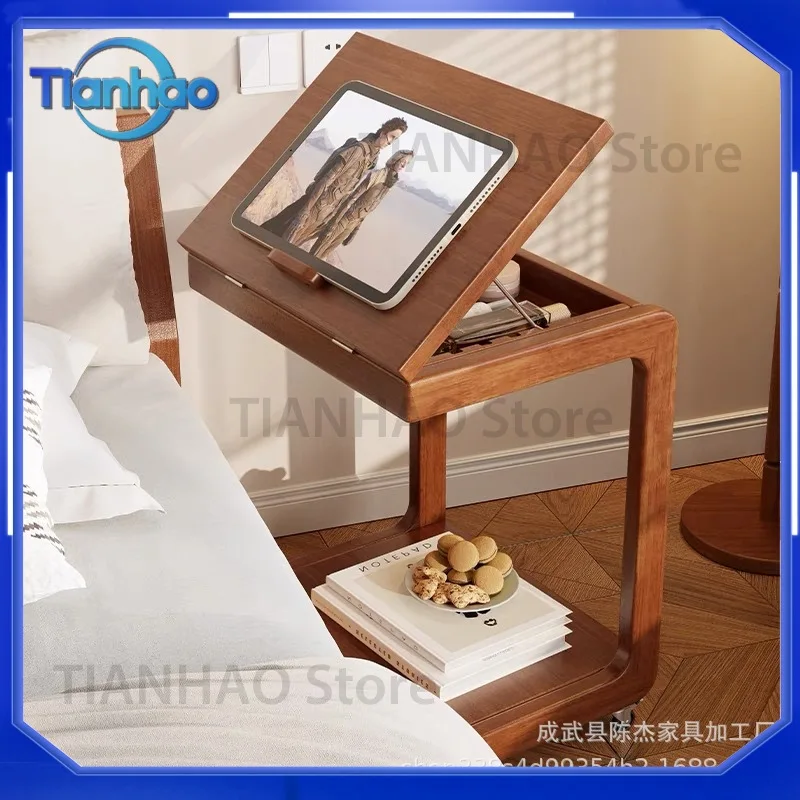 Wooden Mobile Side Table with Wheels for Home Bedroom Living Room Sofa Bedside Multi Functional Flip Top Table
