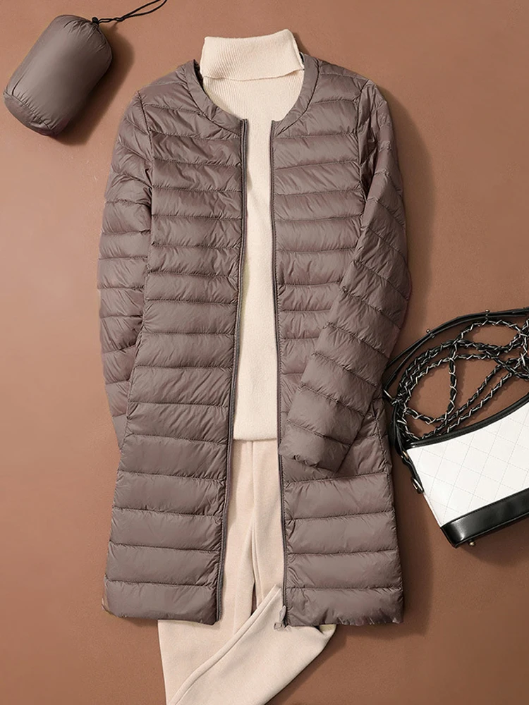 0-10 ℃   Chaquetas de pato hinchadas para mujer, abrigo ultraligero portátil con cuello redondo y relleno de plumas, Parkas sin cuello para otoño e