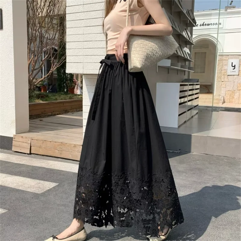 2026 Summer Casual Loose Women A-line High Waist Midi Skirt Fashion Korean Elegant Women Lace Patchwork Skirts Ladies Streetwear