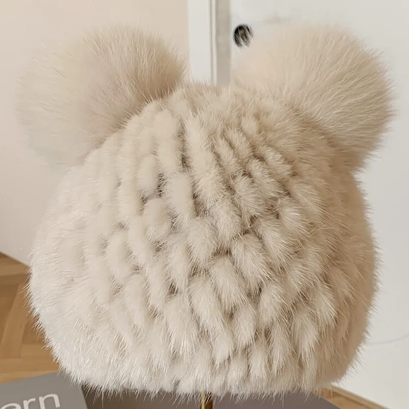 Women Real Mink Fur Knitted Hat Thickened Warm Ear Protection Hat Winter Beanie With Fox Fur Balls Fashion Outdoor Headwear Cap