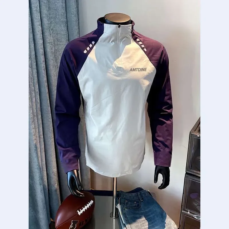 Fuor Seasons Punk Style Fitness Raglan Sleeve Long Sleeves T-Shirts Men Half Zipper Quick Dry Cootrast Color Motion Casual Tops