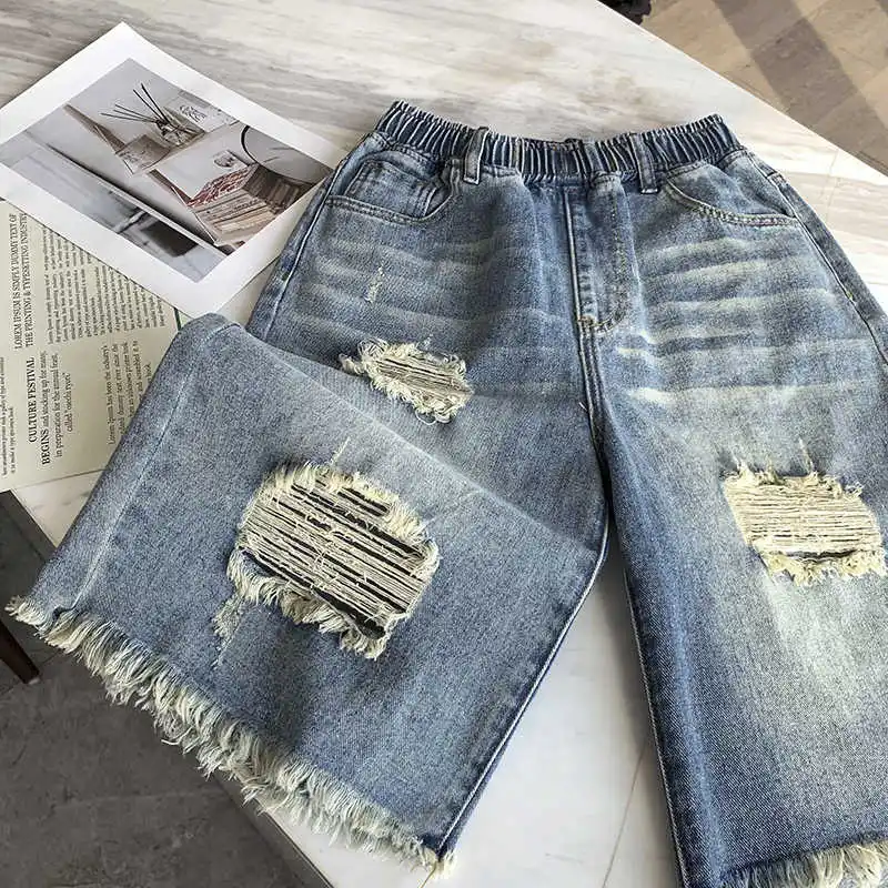ハイウエスト プラス サイズ レディース リップド ショーツ 夏 ルーズ ソリッド カラー ワイドレッグ パンツ ストリート スタイル シンプル すべて一致 ジーンズ