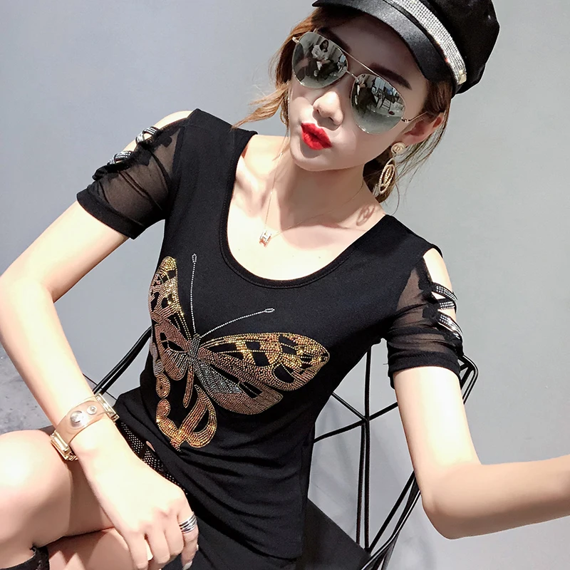 قميص نسائي مثير بكتف مكشوف، قميص أساسي مزين بتصميم أنيق ضيق مع فتحات دائرية