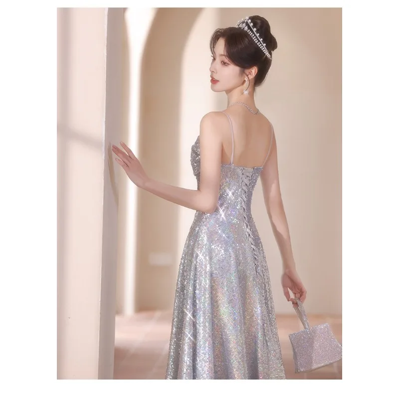 Novo Vestido de Festa Feminino Sexy com Lantejoulas Sem Alças Estilo Banquete 2026 Vestido Longo Elegante e Afinador