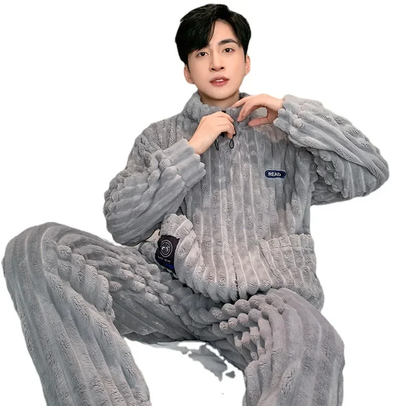 Coral Fleece Men Winter Warm Pajamas Sets Stand Collar Fluffy Coat Trouser Sleepwear for Sleeping Men\'s 2 Pieces Loungwear New