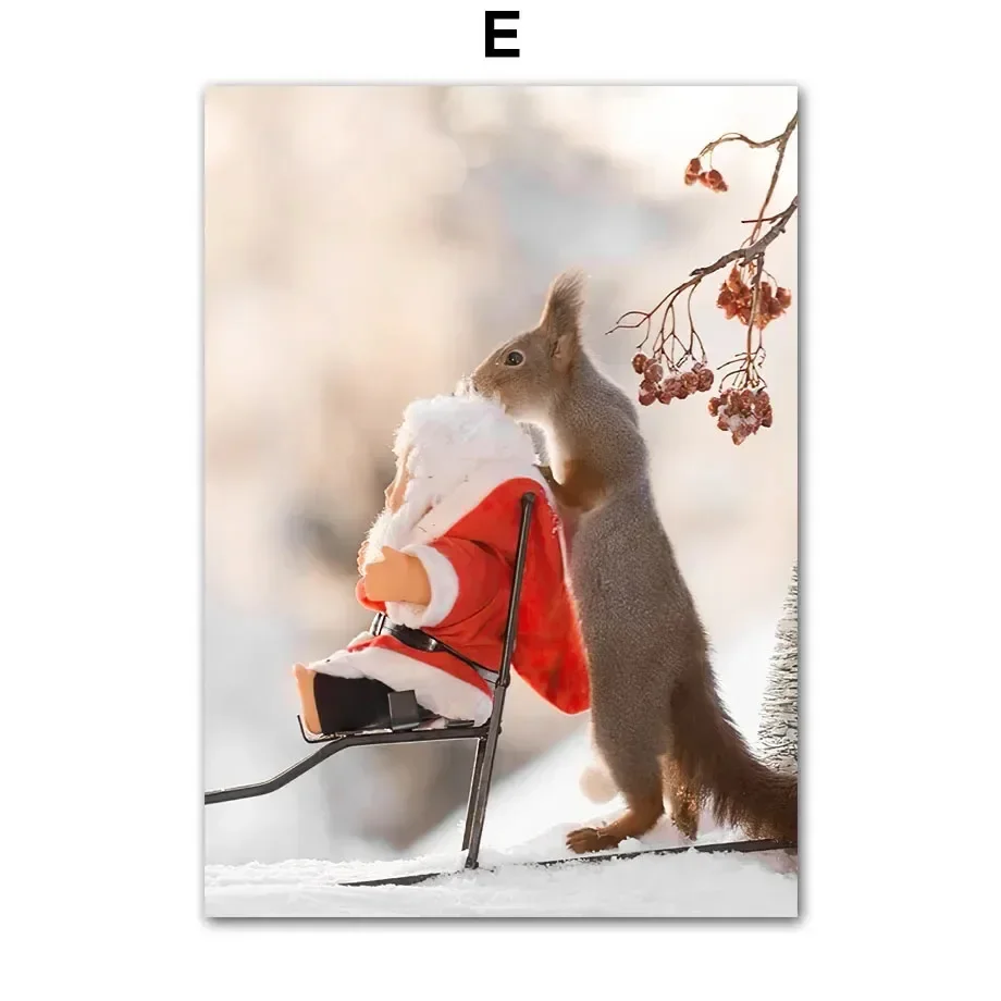 Wall Art Canvas Painting Christmas Tree Red House Squirrel Deer Posters And Prints Living Room Home Decoration Wall Pictures