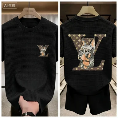 

26th New Model Waffle Men's T-Shirt Shorts Set, Round Neck, Suitable for Both Men and Women Fashionable and Casual Two-Piece Set