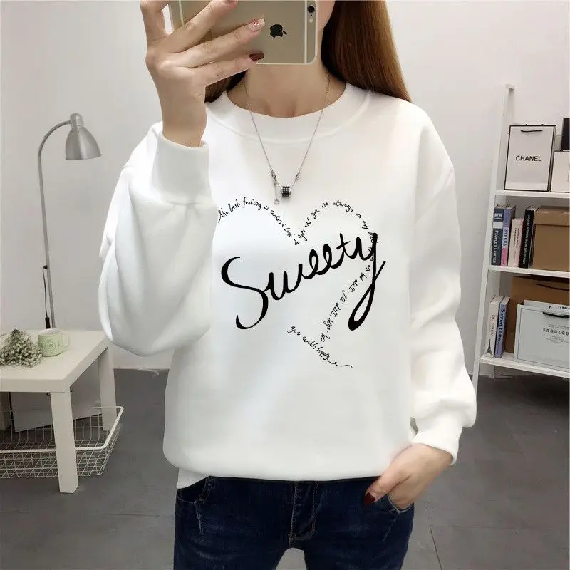 Korean Letter Geometric Printing Autumn Winter Lantern Long Sleeve Pullover Women\'s Clothing Round Neck All-match Hoodies Tops