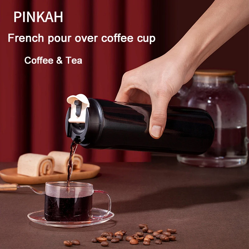 PINKAH Coffee Cup 316 Stainless Steel Portable Outdoor Camping Travel Vacuum Coffee Pot Pressure Rod Extraction Thermos Cup 470m