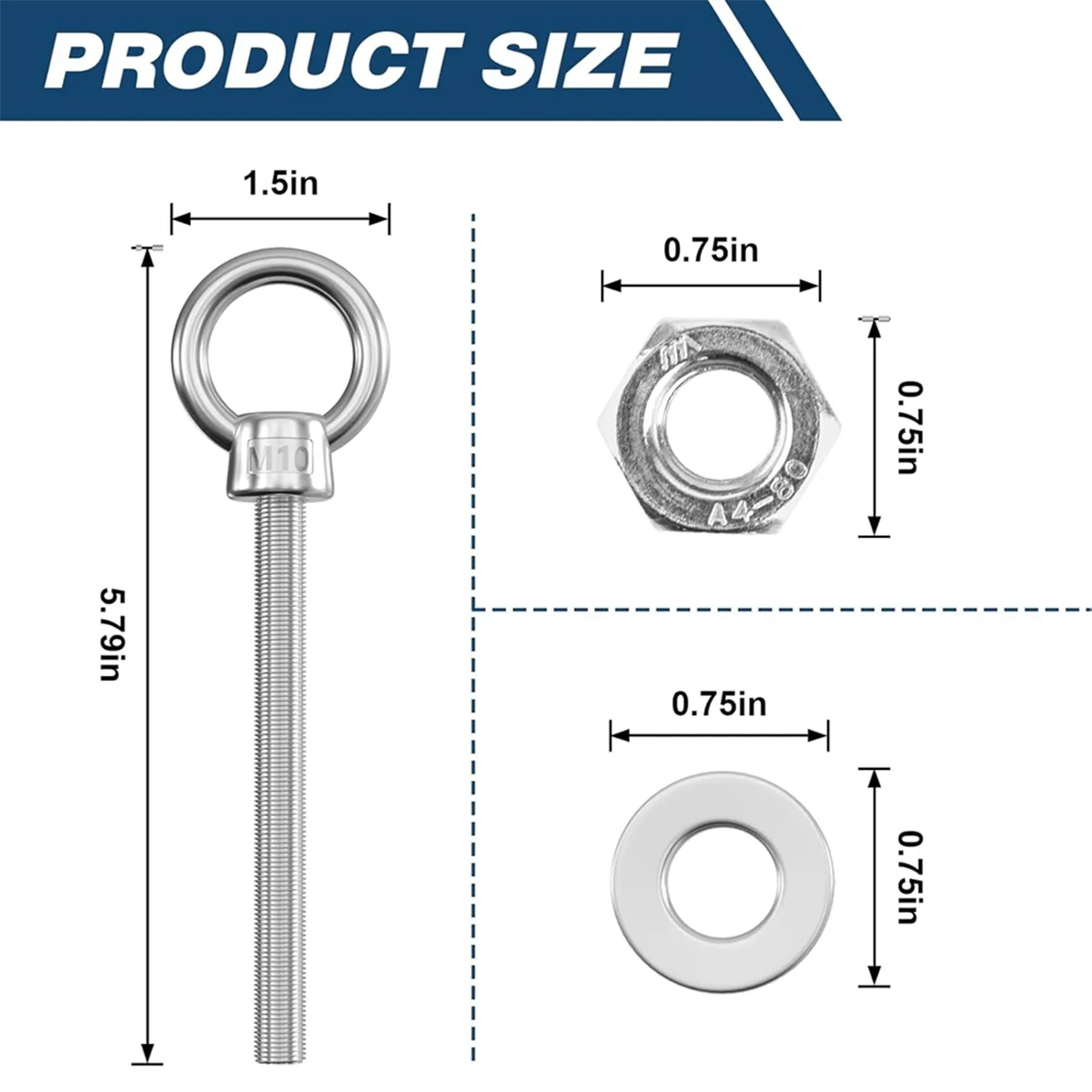 AAA87 5 Pack Eye Bolt 3/8Inch X 4Inch Long, Stainless Steel Welded Extension Bolts Swing Basket Suspension Fittings