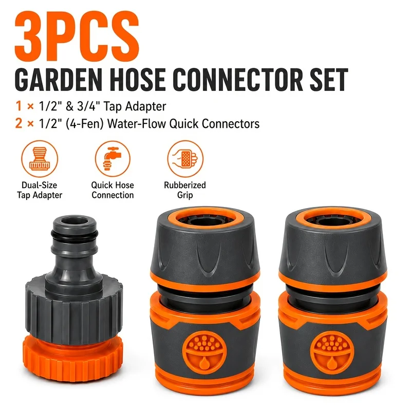 3Garden Hose Quick Connector Set, 1/2 Inches and 3/4 Inch Size Faucet Adapter, Non-slip, Easy-to-Install Faucet-to-Waterpipe Con