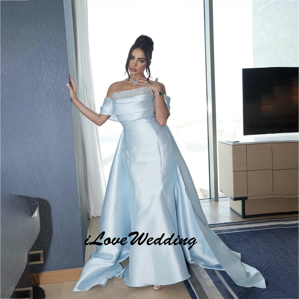 

Attractive Sky Blue Boat Neck Beaded Sleeveless Evening Dress 2025 Satin Mermaid Floor Length Sweep Train Zipper Customizeded