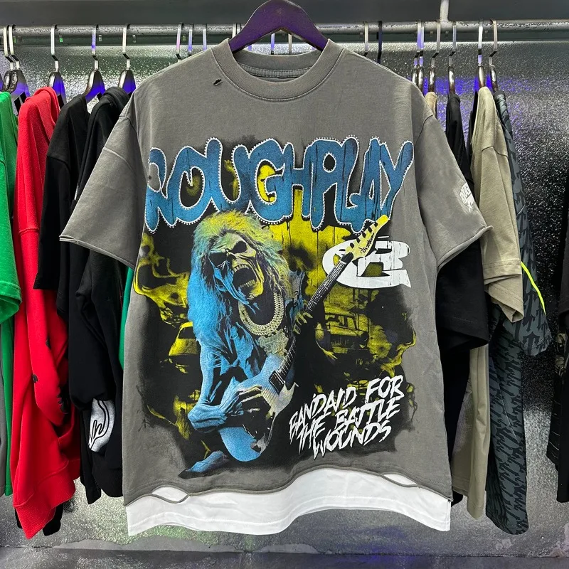 Rough Rock Skeleton Print T-shirts Men Women Hole Washing Grey Oversized T Shirt