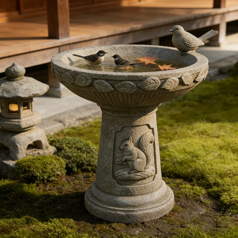 Wildlife Bird Bath For Garden With Squirrel And Bird Carvings, Stone-Look Resin Basin For Bird Drinking And Bathing