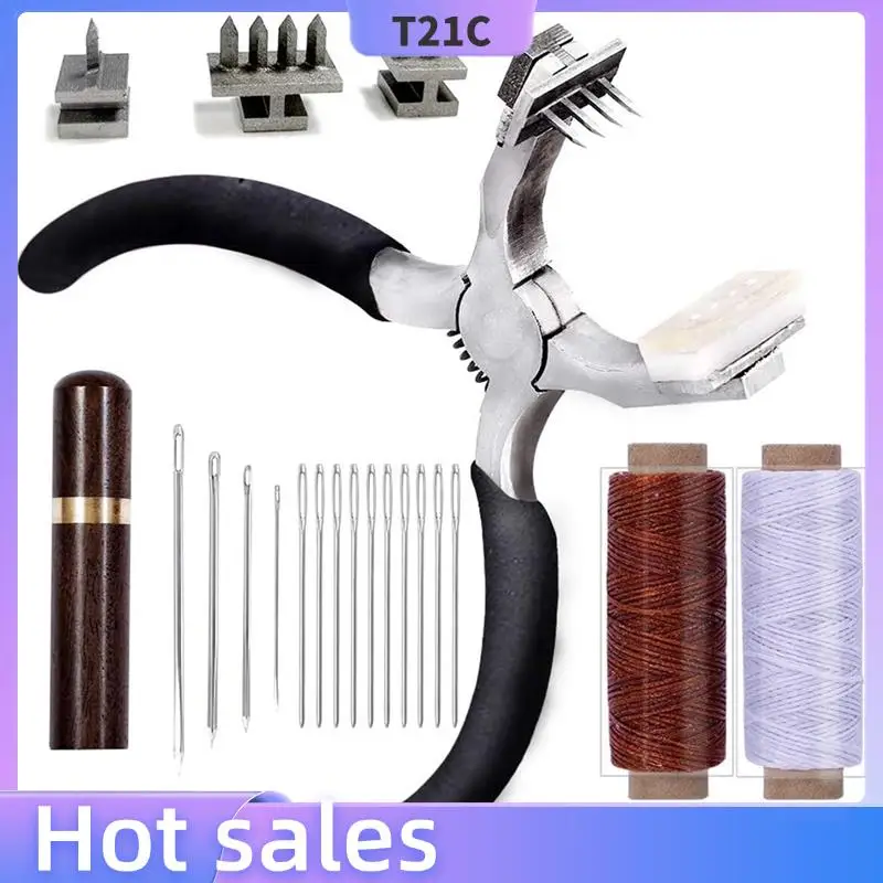 

T21C Wooden Needle Case, Silent Rhombus Leather Hand Plier, Stitching Hole Punch, Waxed Thread For Belt, Strap, Shoe Projects