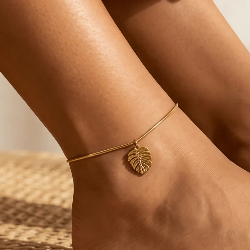 High quality stainless steel Golden anklet - round snake chain + large whole turtle back leaf vein, anti-fading, simple and