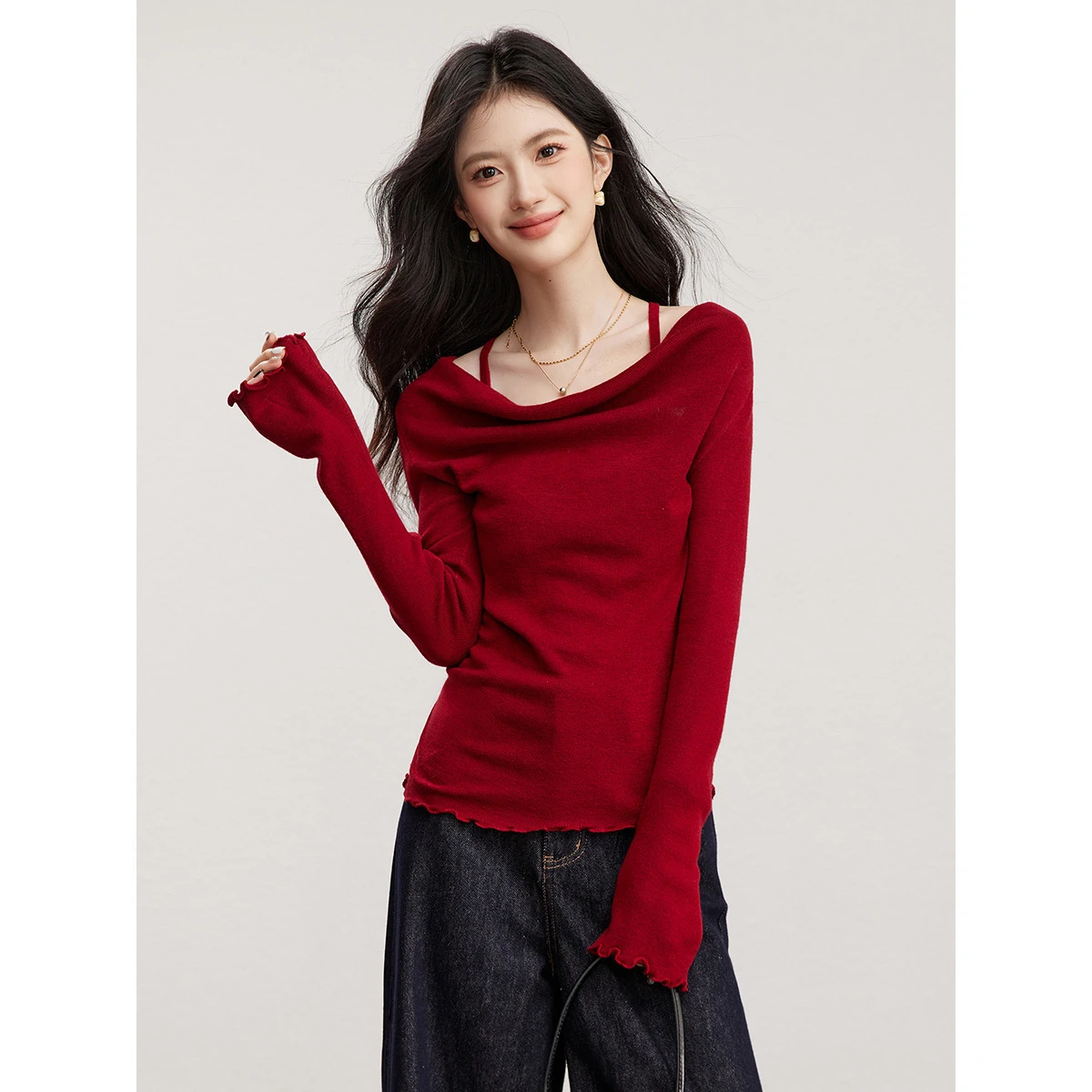 VIMLY Women's Knit Pullovers 2026 Fall Casual Red Off-shoulder Fake Two-Piece Ruffle Flared Sleeve Draped Neck Pleated Top 73959