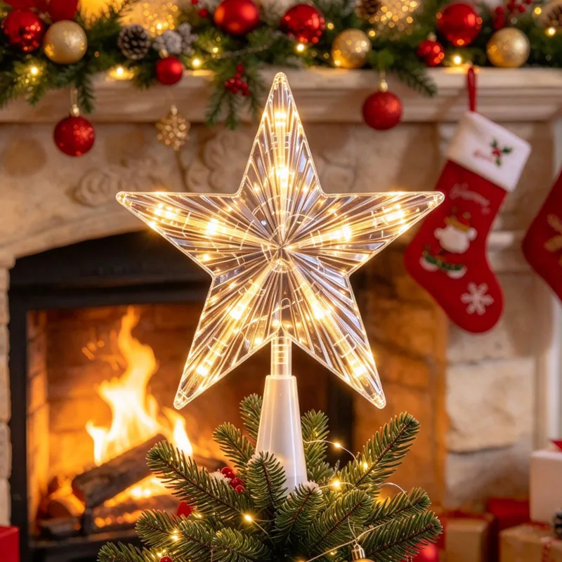 Star Christmas Tree Topper Lighted Decoration Illuminated Star Tree Top Ornament for Holiday Tree Decor Festive Lighting Outdoor