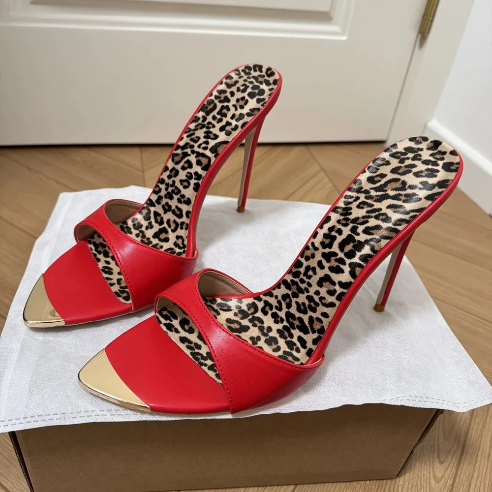 Tikicup Women's 12cm High Heel Mules Red Leopard Print Pointed Toe Stiletto Sandals Sexy Slipper Party Dress Shoes for Evening