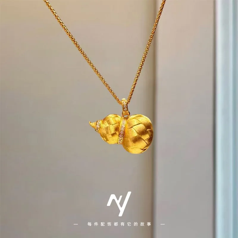 

9999 24K Real Gold Braided Gourd Pendant Necklace for Women New Chinese Style Drawing Craft Literary Fulu Gourd Necklace