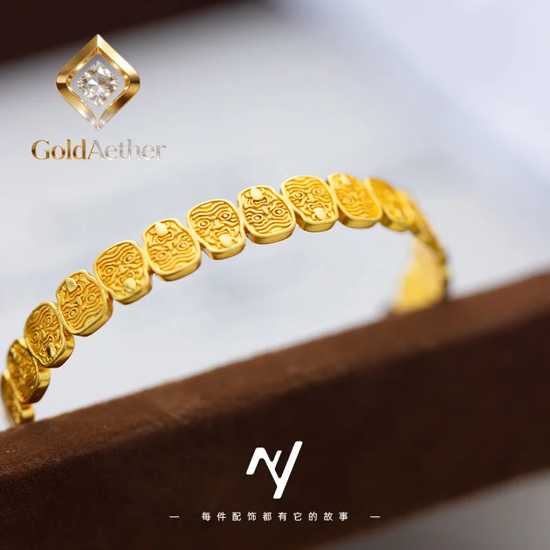 

GoldAether Luxury 24K 9999 Pure Gold real gold Open Retro Bracelet Ethnic Style Bracelet