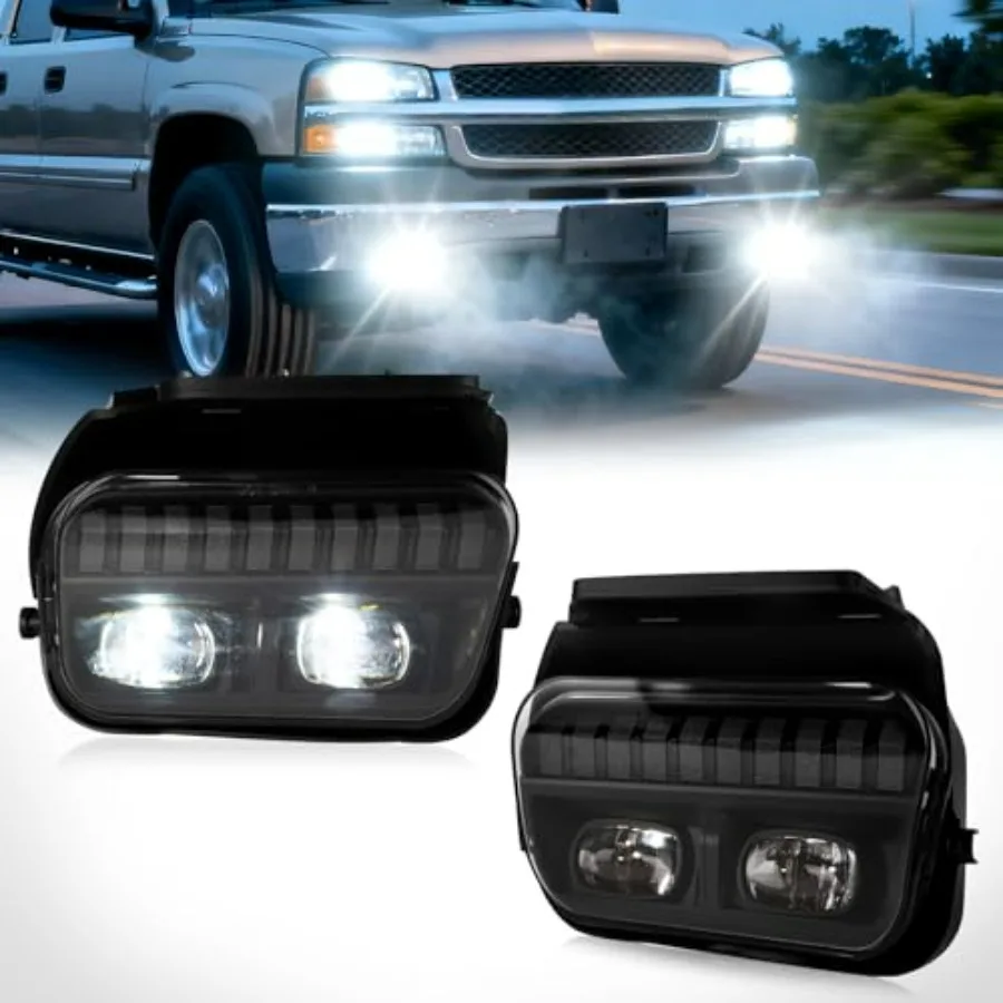 

LED Fog Lights for 2003-2007 Chevy Silverado and 2002-2006 Chevy Avalanche Front Bumper Driving Lamps Pair Black Housing with B