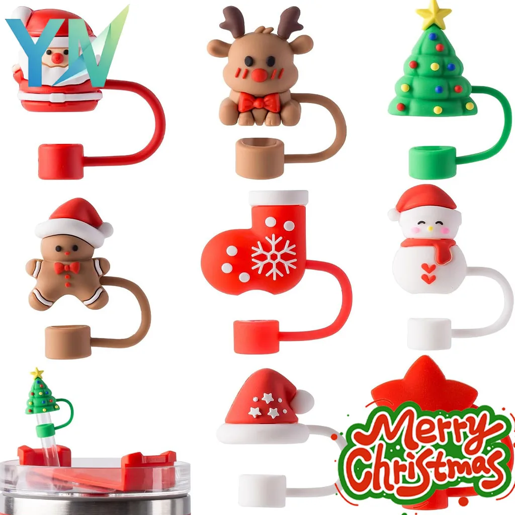 1-100pcs 10mm Xmas Straw Cover Cap for Tumbler with Handle Dustproof Reusable Topper Lid Cute Portable Party Home Supplies
