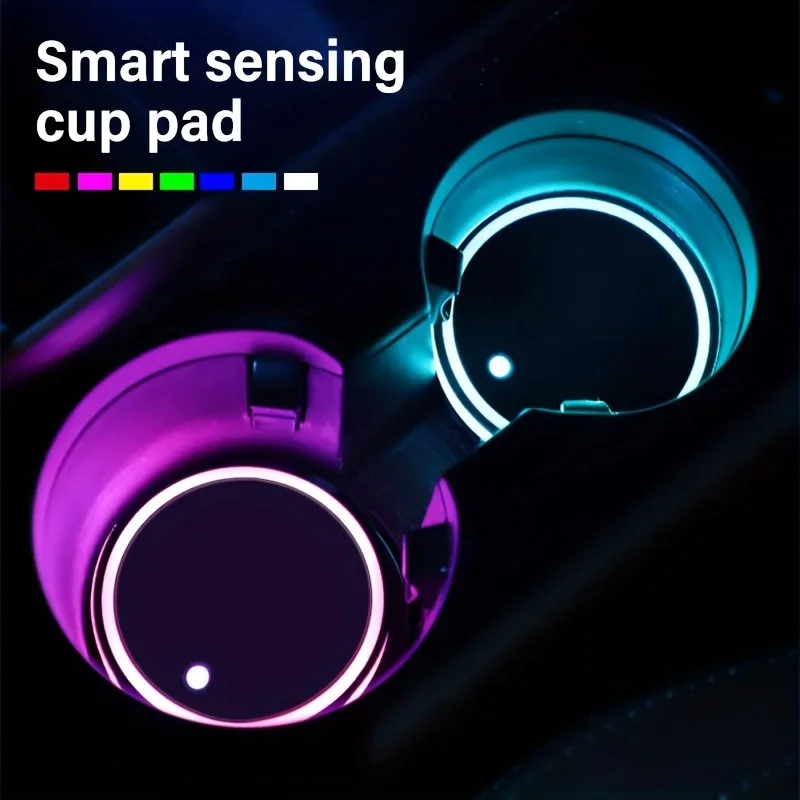2PCS Car Luminous Coasters LED Cup Holder Lights 7 Color-Changing Light Up Cup Holder Insert Coasters Car Decor Accessories