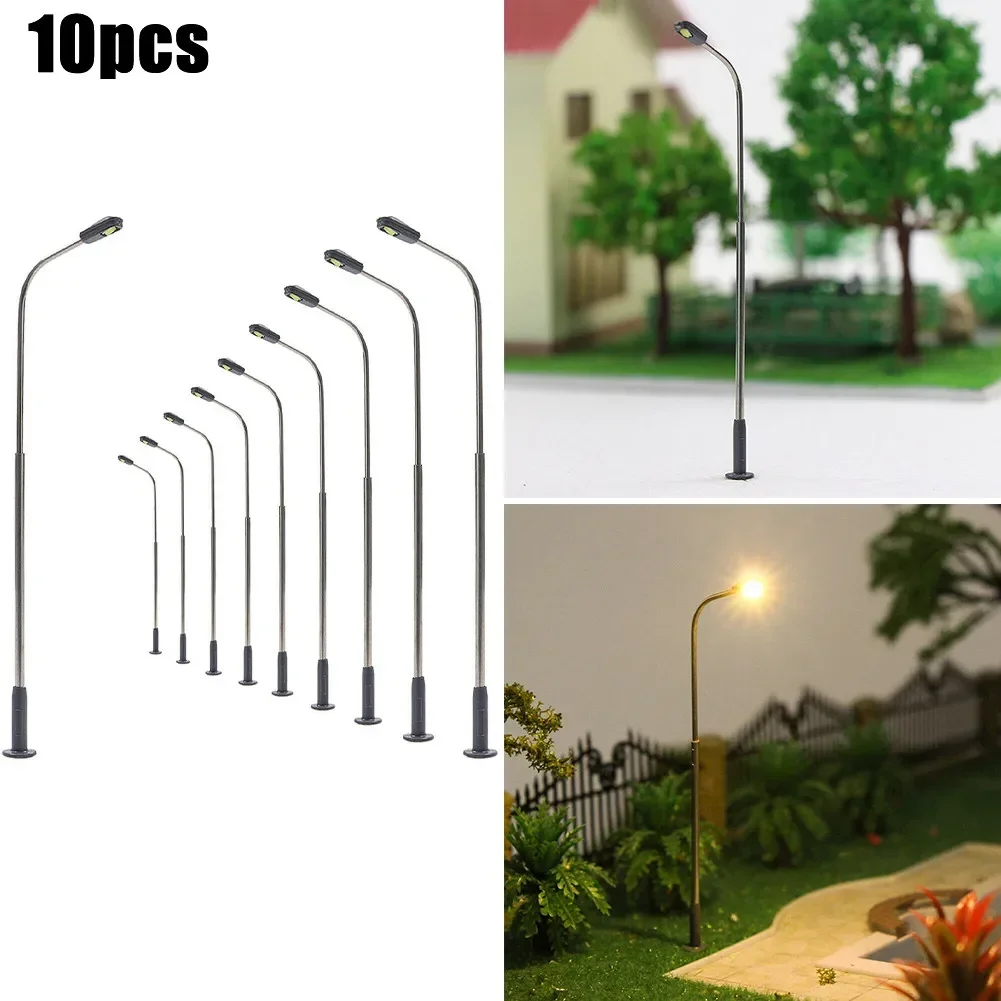 10Pcs Model Railway Warm White Lamp Post Street Light Single Head H0 TT Single Headlight 1:50 Perfect For Rail & Building Layout