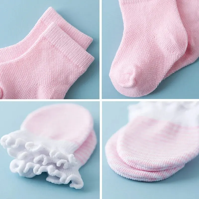 4Pair/Set Solid Color Baby Socks Gloves Set Cute Strip Elastic Infant Toddler Socks Soft Cotton Newborn Girl Boy Ruffle Mitten