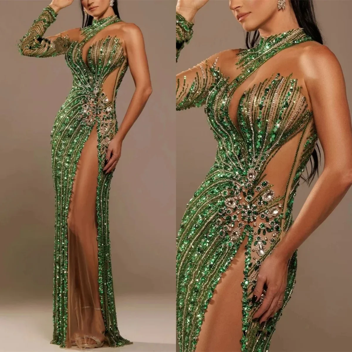 Sparkly Evening Dresses High Collar One Shoulder Gown Sequins Crystal Pleated See Through Sweep Train Dress Party Customized