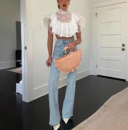 

2025 Summer Women's New Fashionable Stand Up Collar with Ruffled Edges and White Sheer Top