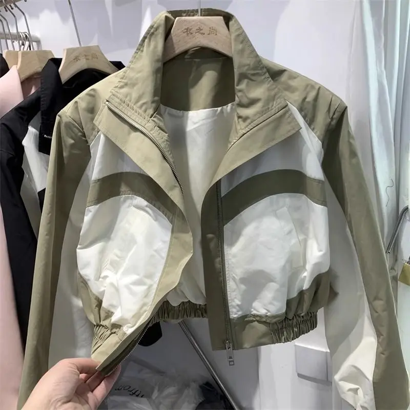 Stand Collar Color-blocking Short Jacket for Women's Spring New Slim Design Contrast Jacket
